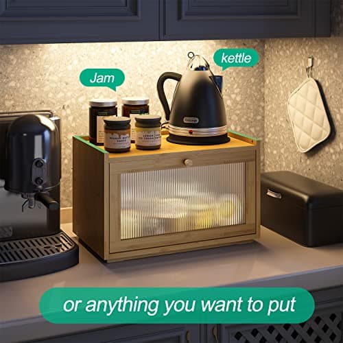 kiplant Large Bread Box for Kitchen Counter, Bamboo Bread Storage Container with Wavy Arcylic Transparent Door, Bamboo Wooden Farmhouse Bread Box for Your House 5