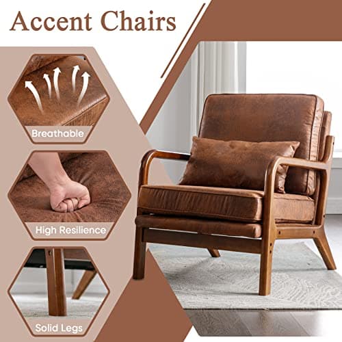 Mid Century Modern Accent Chair Set of 2 Living Room- Comfy Solid Wood Arm Chair with Lumber Pillow Lounge Decorative Brown Leather Office Side Chair Bedroom Reading Nook Sillas De Sala Microfiber 9