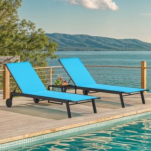 DWVO Outdoor Chaise Lounge Set, 2 Patio Chaise Lounge Chairs with Side Table, Textile Pool Loungers with 5-Level Backrest and Wheels for Beach, Lawn, Porch, Garden (Blue) 7