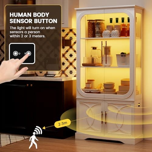 Lareth Display Cabinet with Glass Doors, 69 in Tall Bookcase with LED Lights, Glass Display Case Kitchen Pantry Cabinet, 5 Tier Curio Storage Cabinet for Living Room, Home Office, White 5