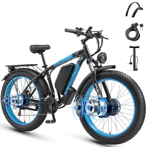 AWD Electric Bike for Adults, Peak 4000W Power 26” Fat Tire Ebike Dual Motor Electric Bicycles, 48V 22.4AH Removable Battery Fast Dual Hydraulic Brakes 21-Speed Electric Mountain Bike (V3, Black-Blue)