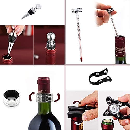 SumDirect Wine Opener Set - Lever-Arm Rabbit Corkscrew, Accessory Set With Bottle Opener, Foil Cutters, Aerator, Stopper, Thermometers, Drip Rings, Spare Spirals and Dark Cherry Wood Box 6
