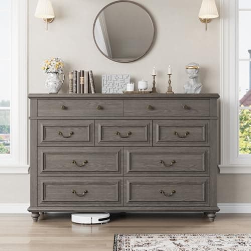 Jocoevol Farmhouse Dresser for Bedroom 9 Drawer Dresser with Deep Drawers, Large Grey Big Double Wooden Chest of Drawers for Living Room, Hallway (Grey, 9 Drawer) 5