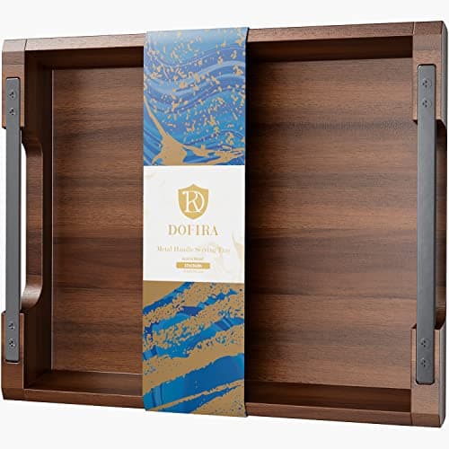 Dofira Acacia Wood Serving Tray with Metal Handles, 17x13in Food Drinks Tray for Coffee Table, Breakfast, Dinner & Bar, Rustic Decorative Storage Tray for Ottoman, Kitchen, Elegent Gift Packaging
