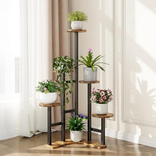 Yzosvki Corner Plant Stand Indoor, 6 Tiered Corner Plant Shelf Flower Stand for Multiple Plants, Plant Shelves Organizer Rack for Living Room, Balcony, Patio, Garden, Round Rustic Brown 7