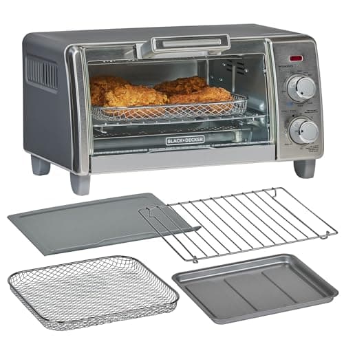 BLACK+DECKER Crisp 'N Bake Air Fry Countertop Convection Toaster Oven, Medium Capacity, 4-Slice, 5-in-1, Fits 9” Pizza, 30-Min Timer, Bake, Broil, Air Fry, Toast, Keep Warm, Stainless Steel