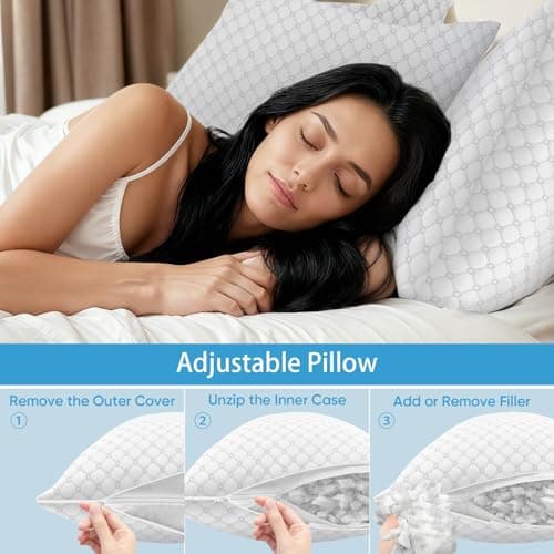 OAISZ Shredded Memory Foam Pillows, Cooling Bed Pillows Queen Size Set of 2 for Sleeping, Adjustable Firm Pillows for Side Back and Stomach Sleepers, Washable Removable Cover 7