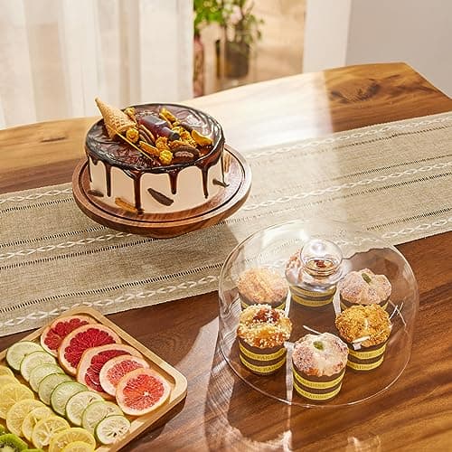 Yangbaga Glass Cake Stand with Lid,11in Wooden Rotating Cake Stand with Dome Cover, Cake Plate Display Server Tray for Birthday Kitchen Party 5