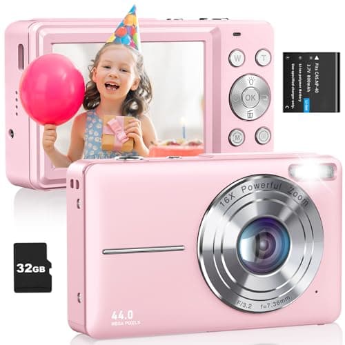 Camkory Digital Camera, FHD 1080P Camera, Compact Point and Shoot Digital Camera with 32GB Card, 16X Zoom Anti Shake Small Digital Camera for Kids Girls Boys Students, Pink