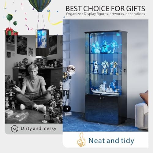 Lvifur 71” Glass Display Cabinet with Lights, Modern Curio Cabinet Display Cases for Collectibles, Locking Cabinet with Shelves & Drawers, Tall Bookcase with Human Body Sensor for Living Room (Black) 7