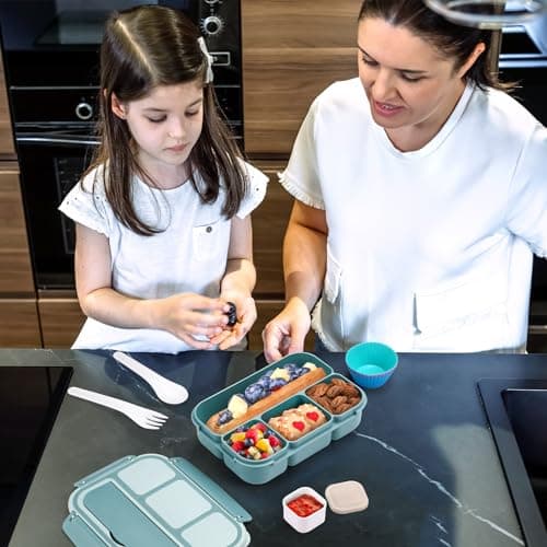 Bento Box Adult Lunch Box for Men Women, Bento Lunch Box for Kids Boys Girls School, Lunch Containers for Adults with 4 Compartments, Utensil Set, Sauce Container, Muffin Cup, Green 7