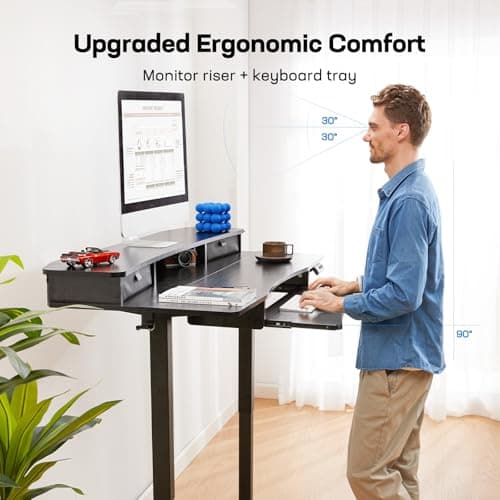 HUANUO 55" x 26" Electric Standing Desk with 2 Drawers & 26.7" Large Keyboard Tray, C-Clamp Mount Compatible, Adjustable Computer Desk for Home Office, Stand Up Desk with 4 Height Presets, Black 8