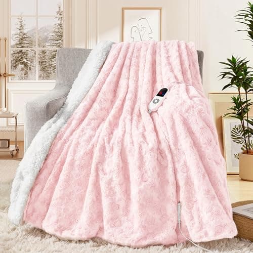 MAXEVE Heated Blanket Electric Throw 50"x60" Faux Rabbit Fur Blankets with 6 Heating Sets & 12 Hours Auto Off, Warm Gifts for Grandma Wife, ETL Certification
