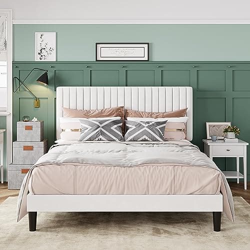 Allewie Full Bed Frame, Velvet Upholstered Platform Bed with Adjustable Vertical Channel Tufted Headboard, Mattress Foundation with Strong Wooden Slats, Box Spring Optional, Easy Assembly, Off-White