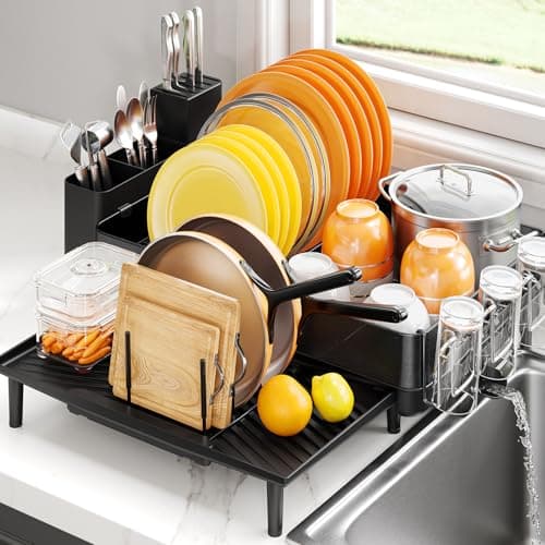 Urackify Dish Rack for Kitchen Counter, 304 Stainless Steel Dish Drying Rack, Expandable Dish Drainer, Foldable Dish Strainer with Cutlery Holder, Kitchen Plate Rack (Black, Large Size)