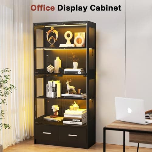 Lamtor Glass Display Cabinet with Doors - Curio Cabinet with Dynamic LED Lights for Collectibles, 67" Display Case with 4 Tier and Drawers for Figure, Toys, Books, Black 6
