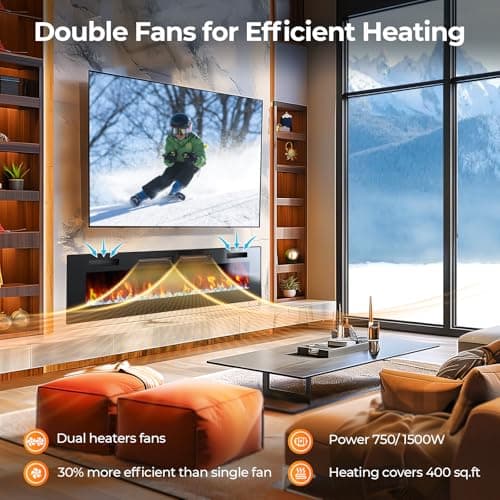 50” Electric Fireplace, Ultra-Thin Wall Mounted, Insert Heater, 750/1500W Recessed Fire Place with Adjustable Flame Color, Touch Screen and Remote Control 5