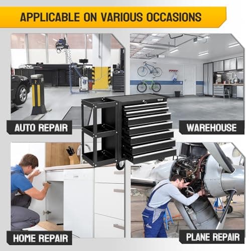 TUFFIOM 7-Drawer Rolling Tool Chest with Side Shelves, Tool Storage Side Cabinet w/Lockable Wheels, Top Cushion & Drawer Liners, Tool Organizer Box for Garage, Warehouse & Repair Shop 7