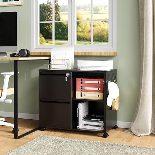 NODHM Lateral 2 Drawer Filing Cabinet with Lock, Mobile File Cabinet on Wheels, Printer Stand with Storage for Legal/Letter/A4 File Folders (Blcak) 7