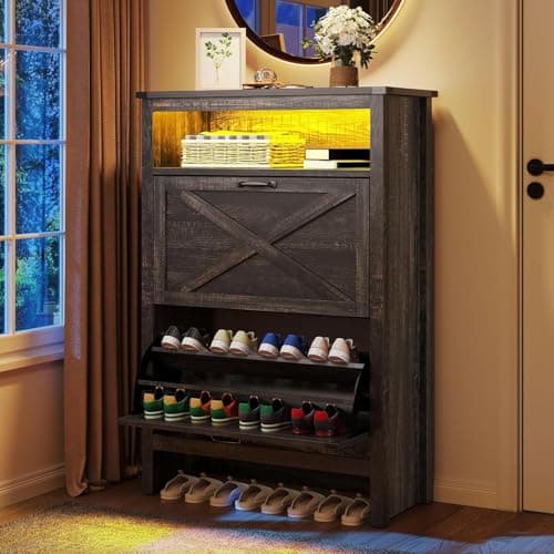 YITAHOME Shoe Cabinet, Entryway Shoe Storage Cabinets with Open Shelves and Led Light, Free Standing Hidden Shoe Rack Organizer with 2 Flip Drawers for Entryway/Hallway/Closet, Dark Rustic Oak