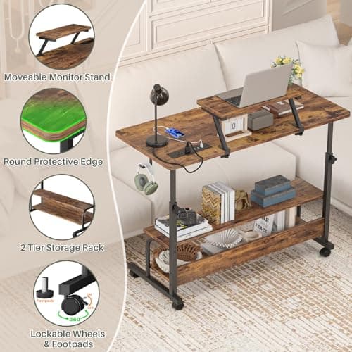 Height Adjustable Standing Desk with Power Outlets and LED Lights - 39" Manual Stand Up Desk with Monitor Stand and Storage Shelves Small Mobile Rolling Computer Desk Portable Laptop Table, Rustic 6
