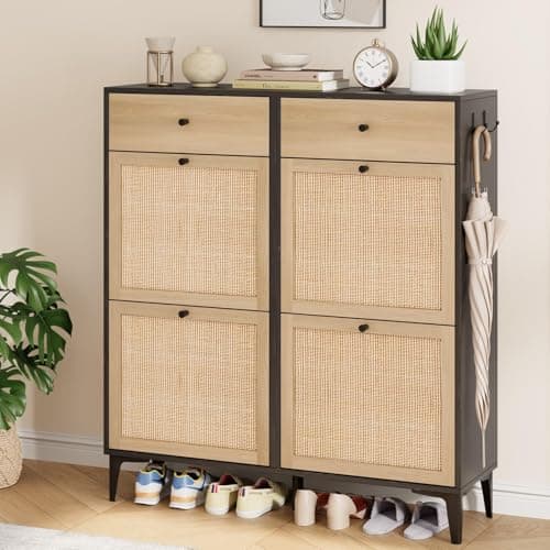 Jocoevol Large Rattan Shoe Cabinet Storage for Entryway, Narrow Wood Shoe Cabinet with 4 Flip Drawers & 2 Drawers, Freestanding Hidden Shoe Organizer with Metal Legs - Light Black