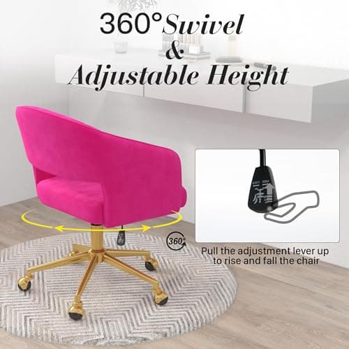 HENGJIANYI Home Office Swivel Desk Chair, Modern Velvet Vanity Chair, Height Adjustable Armchair with Gold Base, Ergonomic Office Chair for Task Study Computer Room, Hot Pink 7