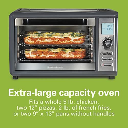Hamilton Beach Countertop Digital Air Fryer Oven with Sure-Crisp, 6-in-1 Functionality, 150-450⁰F Temp Range, 1800W, XL Capacity for 2 12” Pizzas, Two 9” x 13” Pans and 4 Rack Positions, Grey (31390) 6
