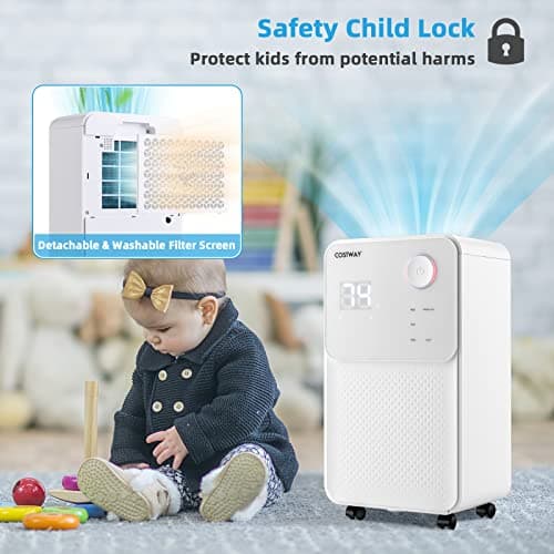 COSTWAY 2000 Sq. Ft Dehumidifier for Large Room & Basement, 32 Pint Dehumidifier with Drain Hose, 4 Modes, 2 Speeds, 24H Timer, Auto Defrost, 3-Color Digital Display 6
