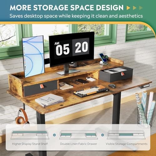 DEVAISE 48×24 Inch Electric Standing Desk with Drawers, Computer Desk with 3 Adjustable Height, Storage Shelf, Built-in 2 AC + 2 USB Outlets and Memory Preset, Sit to Stand Desk for Home Office, White 5