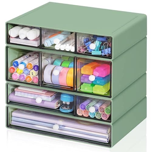 FODIENS Desk Storage Organizer with 9 Drawers, 4 Tiers Stackable Desktop Craft Storage Drawers, Clear Storage Box Caddy for Stationary Makeup Jewelry Office Craft Supplies (Green)
