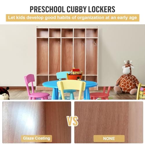 ElfinAura 5-Section Glazed Coat Locker Storage Cabinet, 5 Large Cubbies with Hooks & 10 Small Cubbies, Classroom Coat Locker with 4 Hidden Wheels for Home, Daycare, School, Kindergarten 7