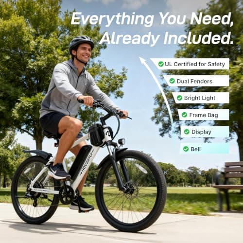 Hoverfly OUREA Electric Bike 26", 750W Peak Motor Mountain Ebike, Up to 40 Miles 20MPH Removable Battery, 7-Speed and Shock Absorber, Electric Commuter Bike for Adults White 6