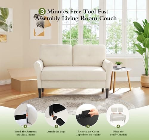 Kidirect Small Sofa Couch, 48" Loveseat Sofa, Soft Velvet Love Seat Couches, Small Couch for Bedroom with 21" Deep Seat, Comfy Couches for Living Room, Tool-Free Setup Sofas for Living Room, Cream 7