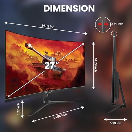 CRUA 27" Curved Gaming Monitor, FHD 1920x1080P, 144Hz/180Hz Computer Monitor, 1800R VA Screen, 120% sRGB, AMD FreeSync, HDMI & DP, Wall Mount Install- Black 7