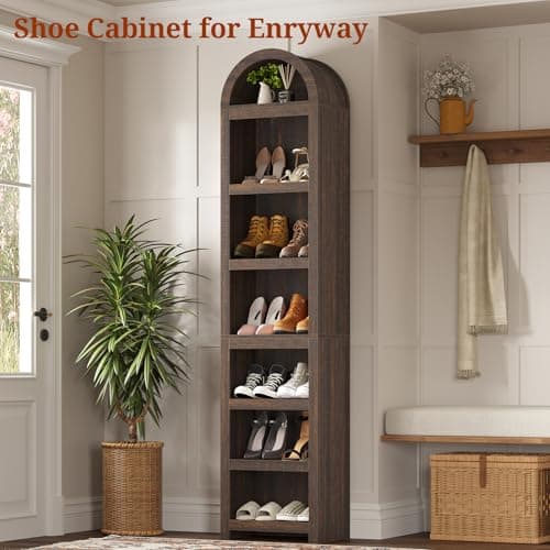 UPOSOJA 76" Tall Narrow Arched Bookcase,7-Teir Mid-Century Modern Bookshelf,Adjustable Shelves offering More Storage Space for Living Room,Kitchen,Home Office,Walnut 5