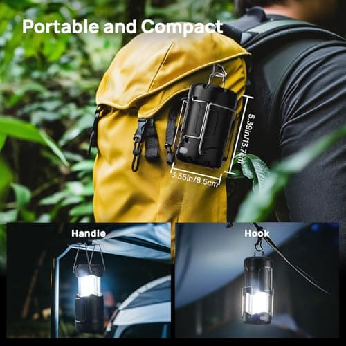 2 Pack Collapsible LED Camping Lantern, Consciot USB C Rechargeable and Battery Powered 2-in-1 Emergency Light with Flashlight and Magnetic Base, Power Outages Hurricane Supplies Survival Kits,Black 6