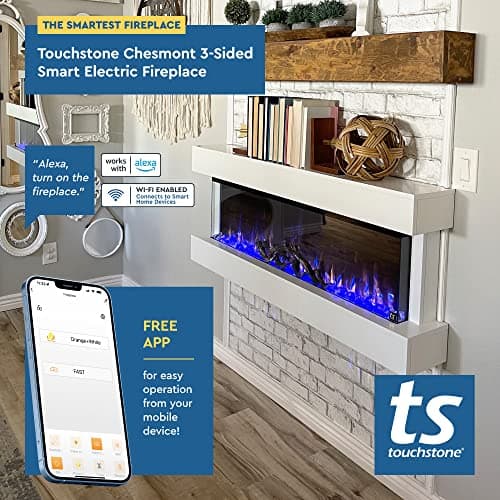 Touchstone Chesmont Smart Electric Fireplace- Wall Hanging Fireplace with 50" Wide White Floating Mantle- Alexa/WiFi Enabled-10 Color-1,500W Heater- Crystals & Driftwood-Model 80033 6