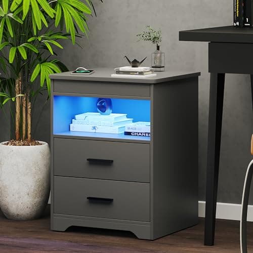 Nightstand with Gun Drawer, Charging Bedside Table with USB & Type-C Port, LED Night Stand with Human Sensor Light, Modern End Table with Drawers for Bedroom Office, Grey 7