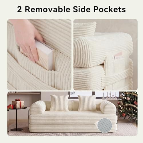 Nordivale 79" Sofa Bed Convertible Boneless Couch Corduroy Modular Couch Bed with Fixed-Shape Frame & Removable Armrests for Living Room, Bedroom (White) 7