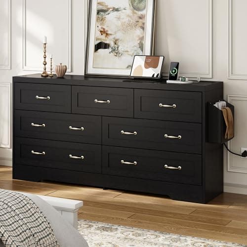 DWVO Farmhouse 7 Drawer Dresser for Bedroom, 31.5 Inch Tall Modern Dresser TV Stand with Large Drawers & Bar Handles, Storage Dressers with Power Outlets, Rustic Wood Chest of Drawers, Black