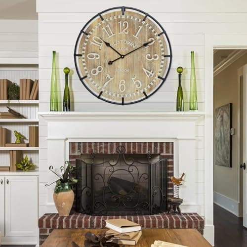 EMAX HOME 24 Inch Large Farmhouse Wall Clock - Rustic Antique Wood, Silent Battery Operated Clock for Office Kitchen Bedroom Living Room
