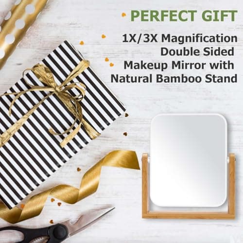 LFOYOU Vanity Makeup Mirror with Natural Bamboo Stand, Double Sided 360 Degree Swivel Magnifying Mirror, Tabletop Magnified Make up Mirror for Bathroom or Bedroom 8 Inch 7
