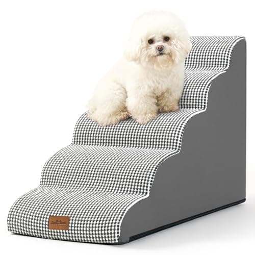 COZY KISS Dog Stairs for High Bed 22.6" H, Small Dog Step for Puppy, Older or Cat, Curved Ramp for Car, Ladder with High Density Foam, Lightweight, Durable, 15.7x33x22.6 inch, 5 Step, White Black