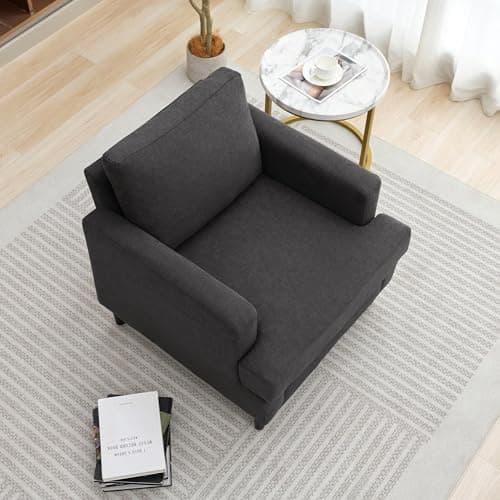 Weture Mid-Century Accent Chair,Modern Linen Fabric Armchair for Living Room,Comfy Upholstered Reading Accent Chairs for Bedroom,Single Sofa Chair with Wood Legs (Dark Grey, 1 Pack) 5