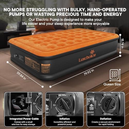 Luxchioce Air Mattress with Built in Pump Luxury Queen Inflatable Airbed Quick Inflation Deflation Blow up Mattress for Guests Home Camping Outdoors Travel 6