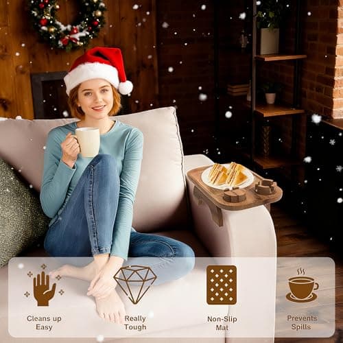 UrbanRoost Acacia Wood Couch Arm Tray,3 in 1 Large Clip on Couch Arm Table with 360° Rotated Phone Holder and Cup Holder, 15.35"x9.85" 8