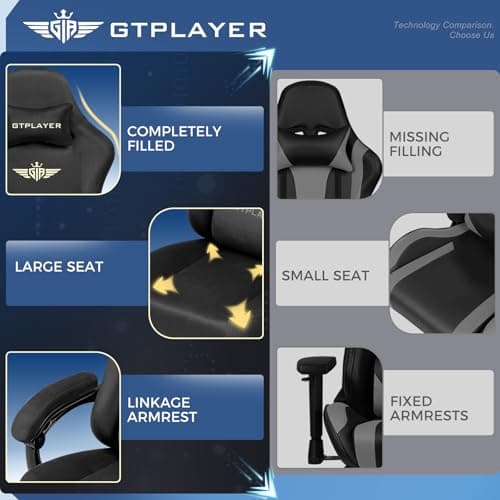 GTPLAYER Gaming Chair Fabric with Pocket Spring Cushion, Big and Tall Gamings Chairs 350LBS High Back Computer Chair with Footrest for Adults Lumbar Support Swivel Game Chair for Office Light Black 9
