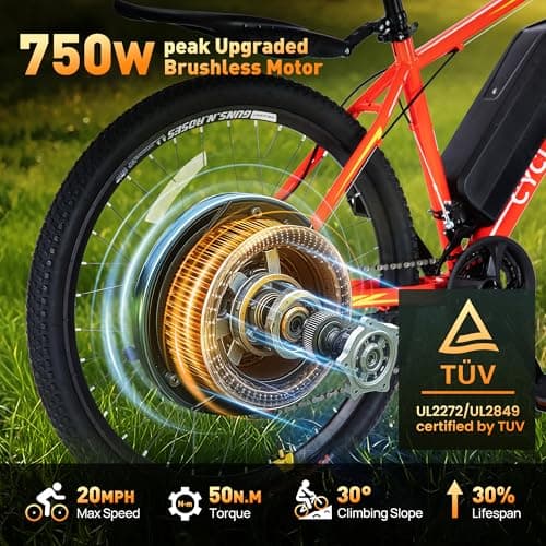 LUXECYCLES Electric Bike for Adults 70Miles 20 MPH,750W Peak Brushless Motor,48V 10.4Ah Removable Battery Ebike,21-Speed/26 tire,Dual disc Commute Electric Bicycle(TUV& UL2849) Orange 5