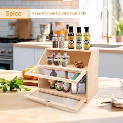 LEIMO KPARTS Bread Storage Farmhouse Bread Box For Kitchen Countertop,Double Layer Bamboo Wooden BreadBox Large Capacity Bin Bread Holder For Kitchen Counter Bread Container With Clear Window 6